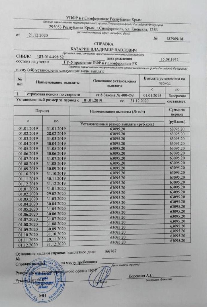 Довідка про пенсію Казаріна Довідка про пенсію Казаріна