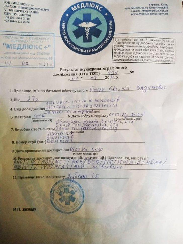 Результат тесту на наркотики з приватної клініки Результат тесту на наркотики з приватної клініки