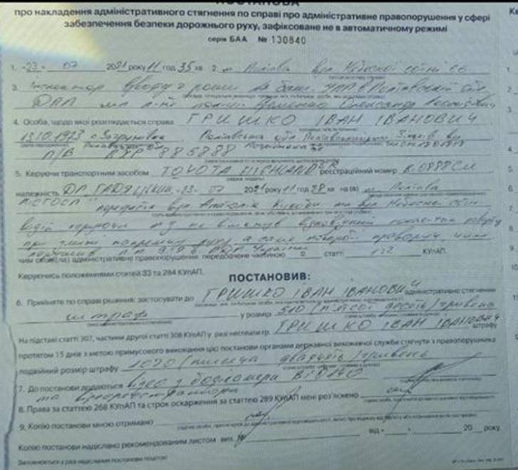 Постанова за порушення ПДР Іваном Гришком Постанова за порушення ПДР Іваном Гришком