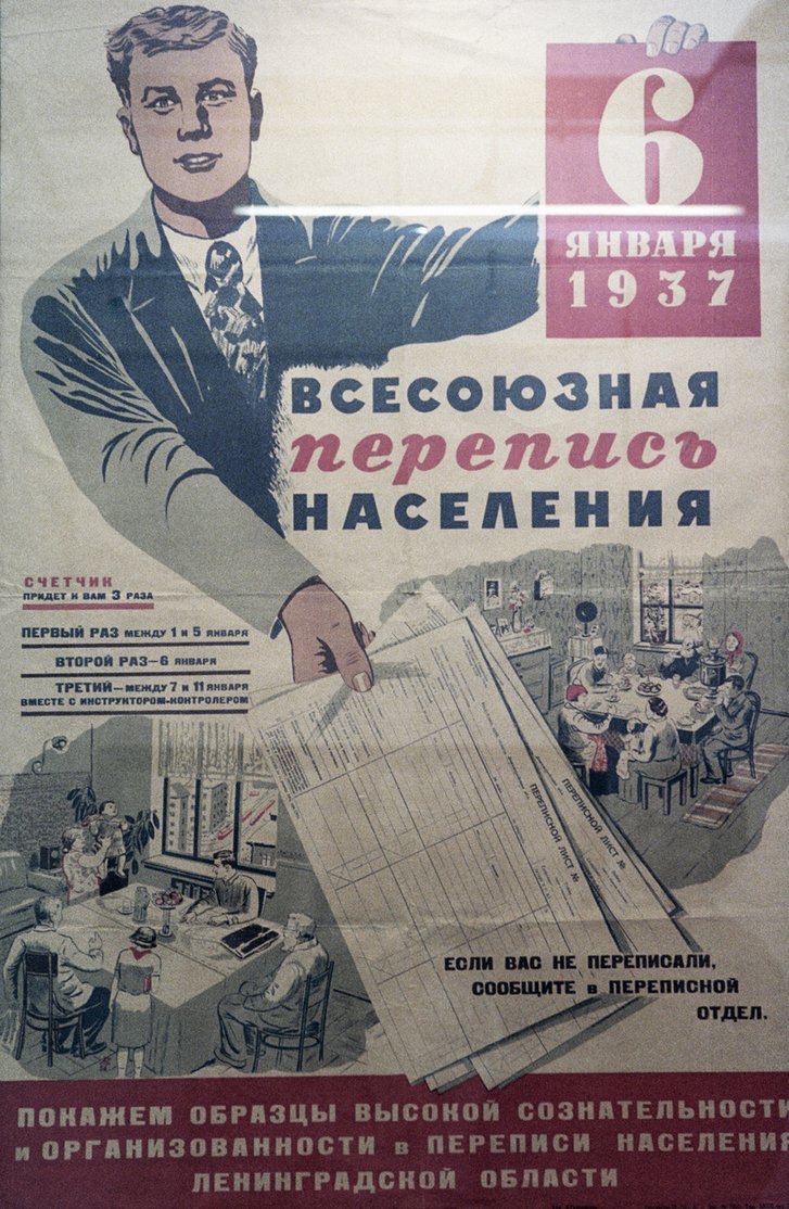 Агітаційний плакат, який сповіщає що до громадян переписувальники прийдуть тричі – 1-5, 6 та 7-11 січня 1937 р.