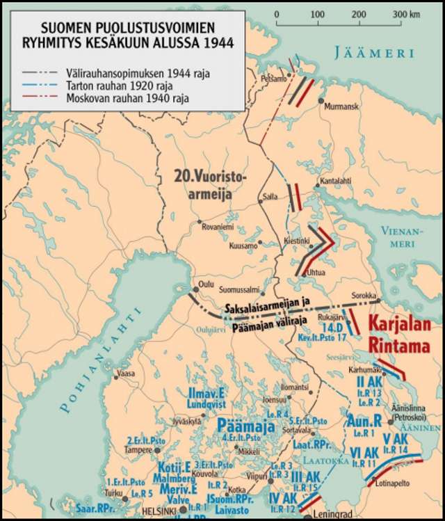 Мапа бойових дій, розташування фронтів супротивників у Війні-продовженні, змінених у 1940 і 1944-1947 рр. кордонів