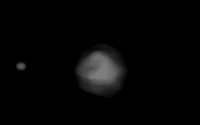 Змодельоване зображення системи Didymos, створене на основі даних радара. Діаметр основного астероїда — 780 м, а розмір його супутника — 160 м