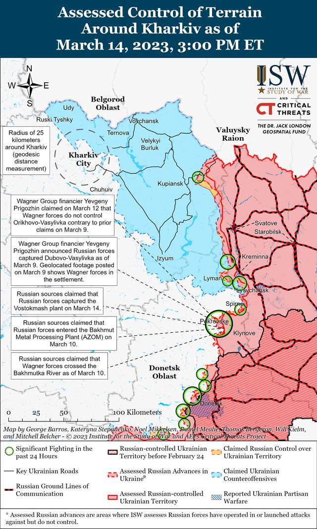Окупанти наступають у Бахмуті та будують укріплення на кордоні з Україною: карти боїв ISW_4