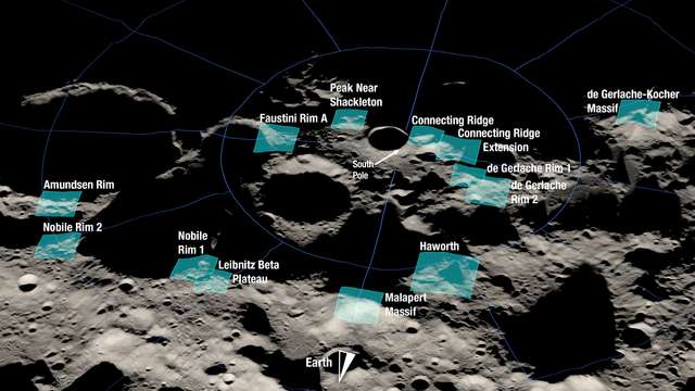 На діаграмі показано 13 регіонів-кандидатів для висадки корабля «Артеміс-3» на Місяць