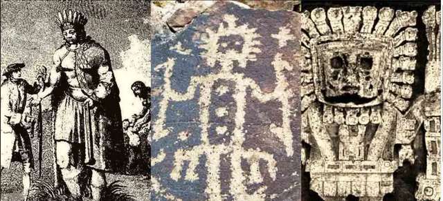 Іранографія виракочі, Анд Чилі. Ліворуч: гравюра XVIII століття із зображенням патагонського велетня, дуже схожа на наскельні зображення виракочі. У центрі: Уірайоча Тауапакак, «Повелитель палиць (Сатуріс)» на петрогліфі в Чусмісі, регіон Тарапака, на півночі Чилі. Справа: Уірайоча Тауапакак на площі Пуерта-дель-Соль у Тіауанако, столиці виракочі.