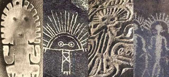 Цивілізуюча міграція виракочі. 1. Антропоморфна золота постать Віракочі, знайдена в Гуатакондо, регіон Тарапака, Чилі. 2. Піктограма одного з виракочі, представлених в Cachoeira Resplendor в Пара, Бразилія. 3. Петрогліф Віракоча в Ометепі, на північний схід від вулкана Коатлан, або вулкана Мадерас, Нікарагуа. 4. Віракоча у державному парку Гінкго Петріфайд Форест уздовж річки Колумбія у штаті Вашингтон, Сполучені Штати Америки.