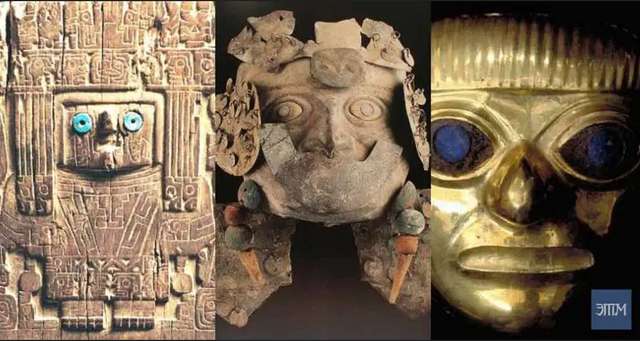 Доіспанські уявлення про місцеве блакитнооке та біле населення Південної Америки. Ліворуч: Табличка із зображенням Верховного Віракоча, виявлена в Сан-Педро-де-Атакама, Чилі (Археологічний музей РП Густаво Ле Пейдж - Папський католицький університет дель Норте). У центрі: маска Мочика із північного узбережжя Перу. Праворуч: маска володаря Сіпана, правителя та докласичного воїна культури мочика в Перу.