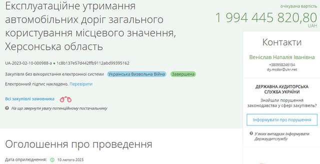 Херсонська обласна прокуратура запідозрила «Місцеві дороги Херсонщини» у неефективному використанні бюджетних коштів