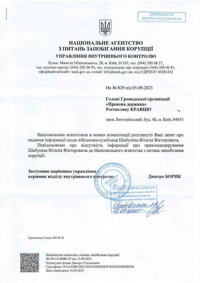 НАЗК стверджує, що військовослужбовець Шабунін до них не прикомандирований_3
