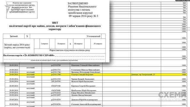  Відповідно до даних НАЗК, Гальчук фінансово підтримував партію «За конкретні справи», засновниками якої є Гереги 