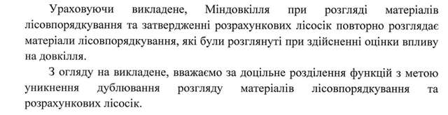 Уривок з відповіді від Міндовкілля на звернення депутатки Овчинникової