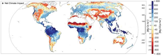 Вплив процесу заліснення на глобальну зміну клімату: червоні зони посилюють, сині послаблюють потепління.
