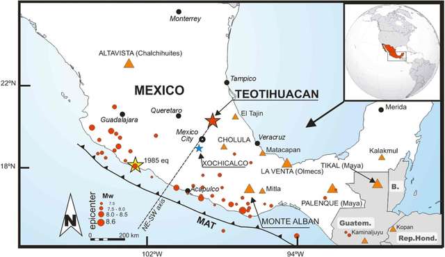 Мапа сейсмічної активності у Центральній Америці (100-600 роки)