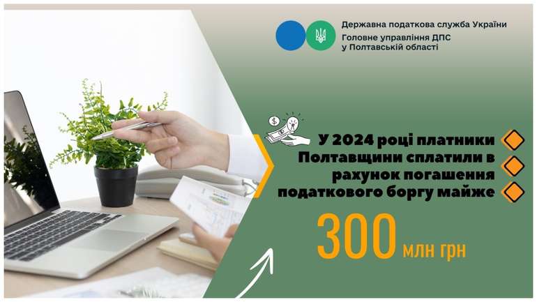 Платники Полтавщини сплатили майже 300 мільйонів гривень податкового боргу