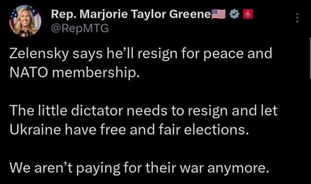 Конгресвумен Марджорі Тейлор Грін закликала Зеленського піти у відставку_1
