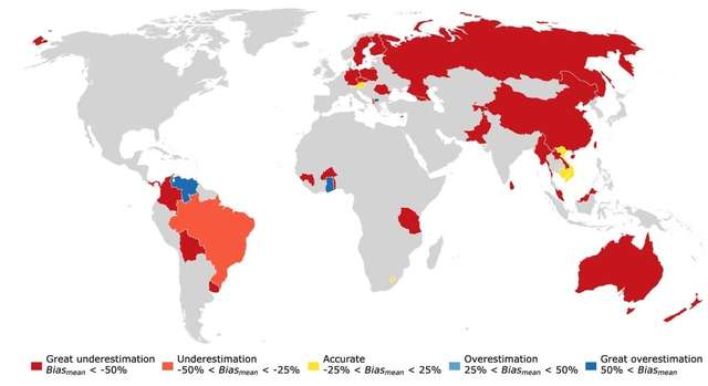 Країни (позначені червоним), в яких недораховано сільське населення