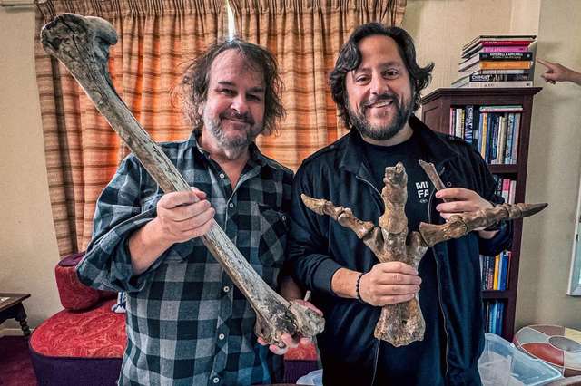 Кінорежисер Пітер Джексон (ліворуч) і генеральний директор Colossal Бен Ламм тримають кістки з колекції вимерлих моа Джексона у Веллінгтоні, Нова Зеландія, 2024 рік.