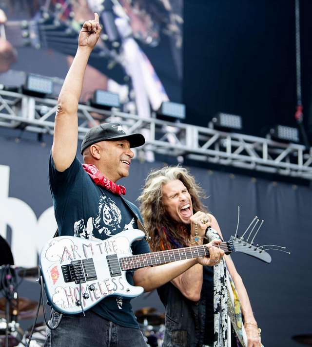 Musical director Tom Morello and Aerosmith’s Steven Tyler at Back to the Beginning.