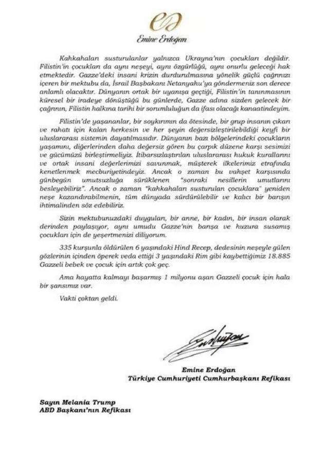 Дружина Ердогана закликала Меланію Трамп допомогти зупинити голод в Газі_3