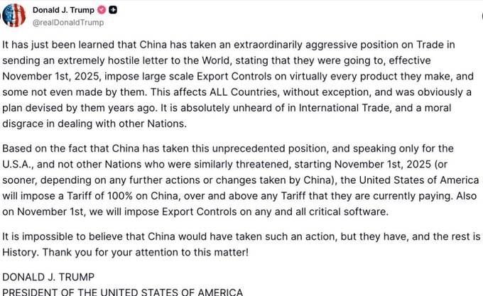 Трамп запроваджує 100% тариф на товари з Китаю та контроль за критично важливим ПЗ_1