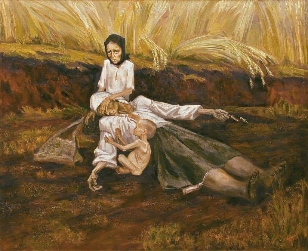 Ніна Марченко “Мати 1933-го”: на тлі дозрілої пшениці зображено померлу матір на колінах доньки. 