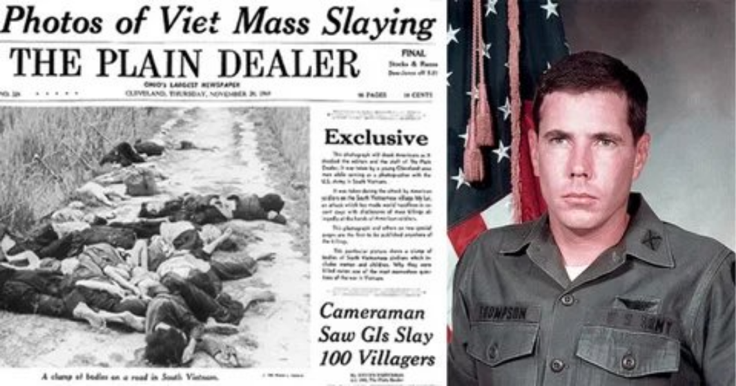Фтото льотчика Х’ю Томпсона на тлі газетної статті про масове вбивство.