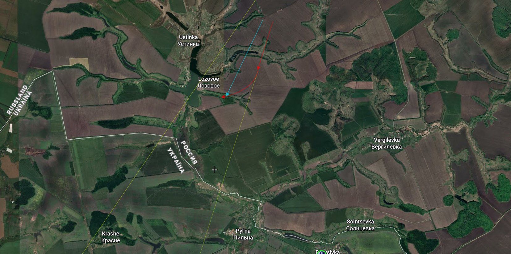 Місце атаки українського FPV-дрона на російський гелікоптер МИ-28 поблизу села Яснозоренське Бєлгородської області рф. Геолокація: Bendik / Necro Mancer.