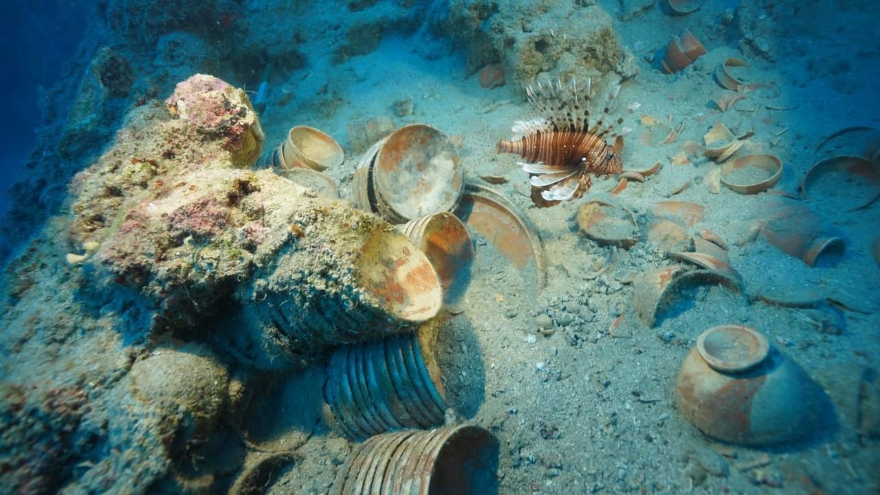Стародавні керамічні тарілки та чаші на морському дні поблизу Адрасана, на місці аварії корабля, що затонув близько 2100 років тому. Над залишками вантажу пропливає риба-крилатка. 